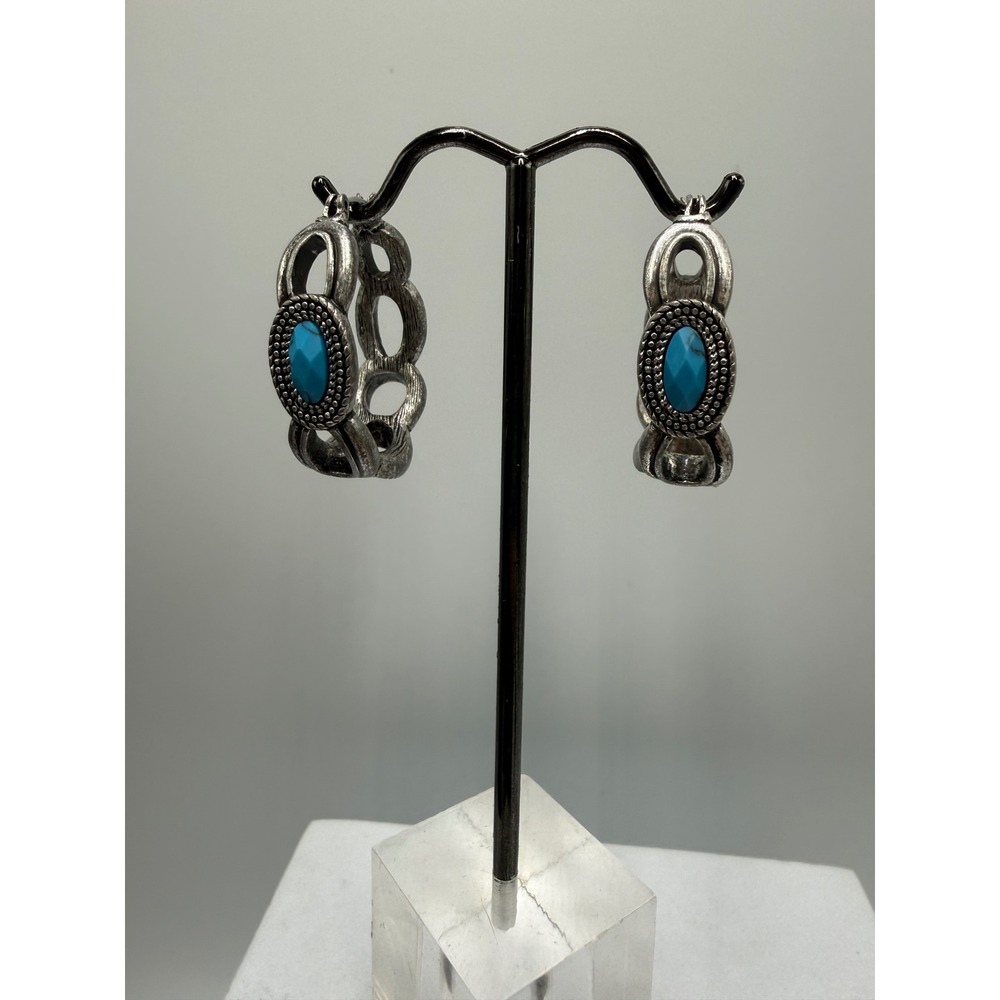 Lia Sophia Silver Tone Turquoise Stone Oval Hoop Earrings Southwestern Boho